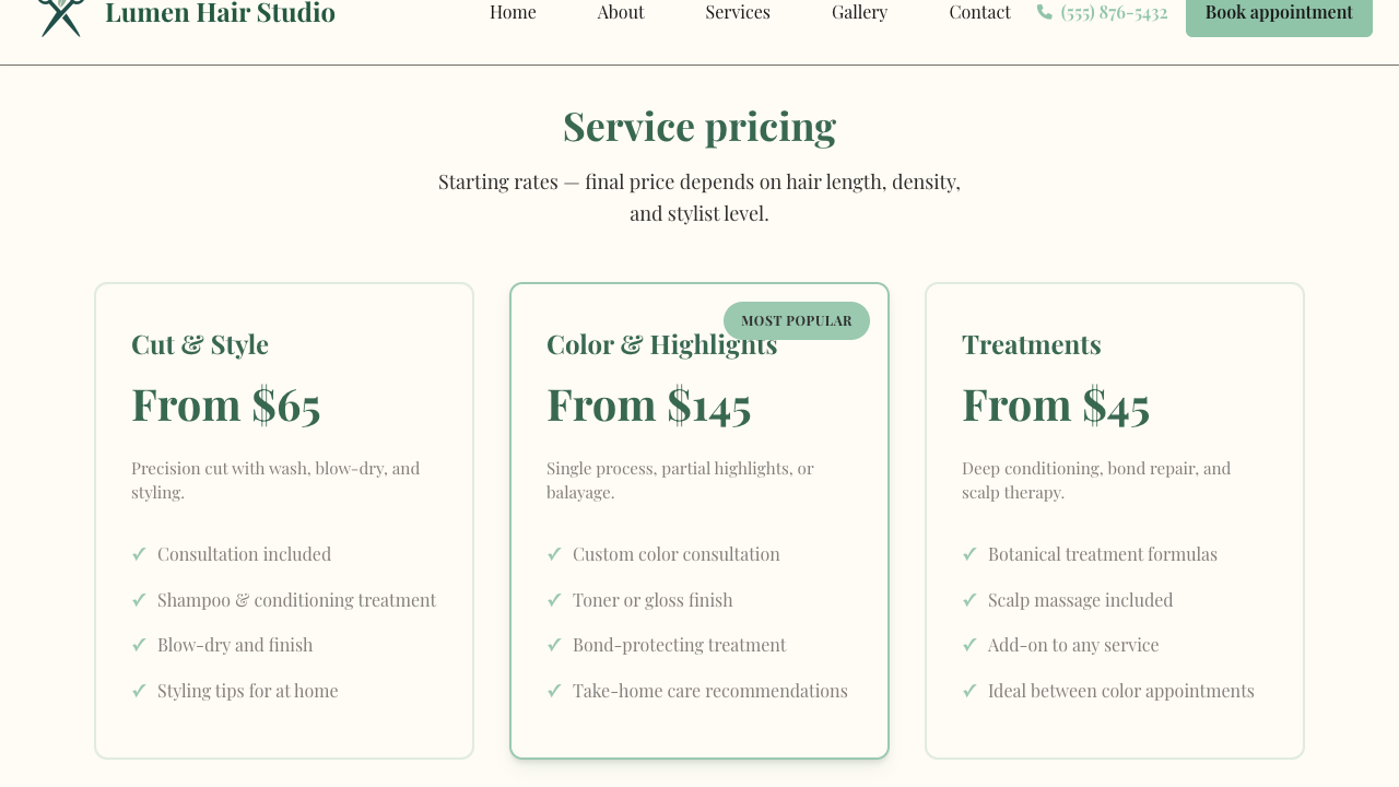 Pricing Section block on a live site