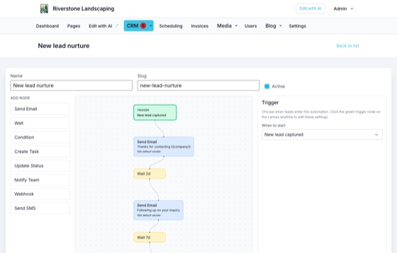 Visual CRM automation builder with trigger, email, wait, and condition nodes
