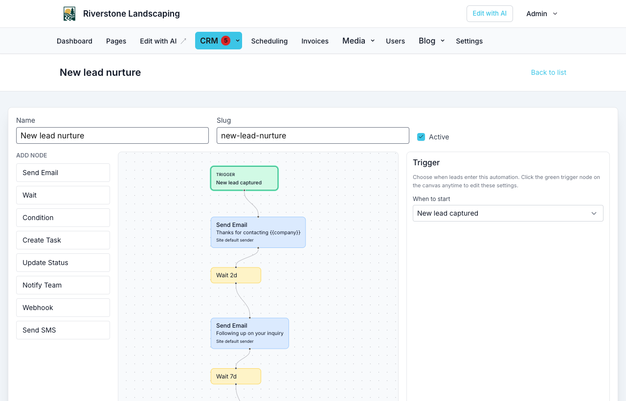 Automation editor with trigger and nodes