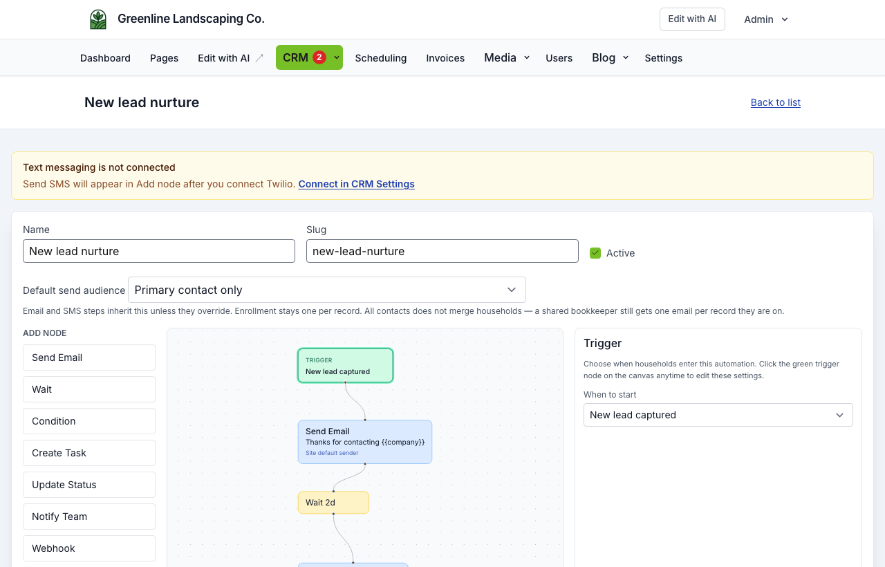 Automation editor with trigger and nodes