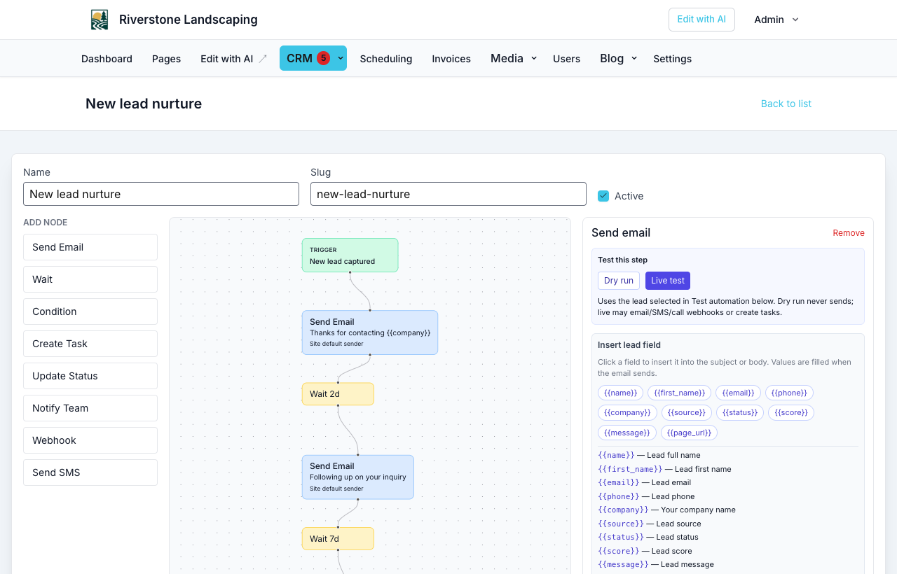 Email node with variable chips