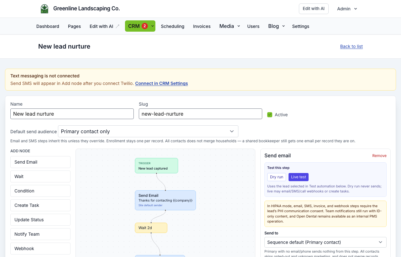 Email node with variable chips