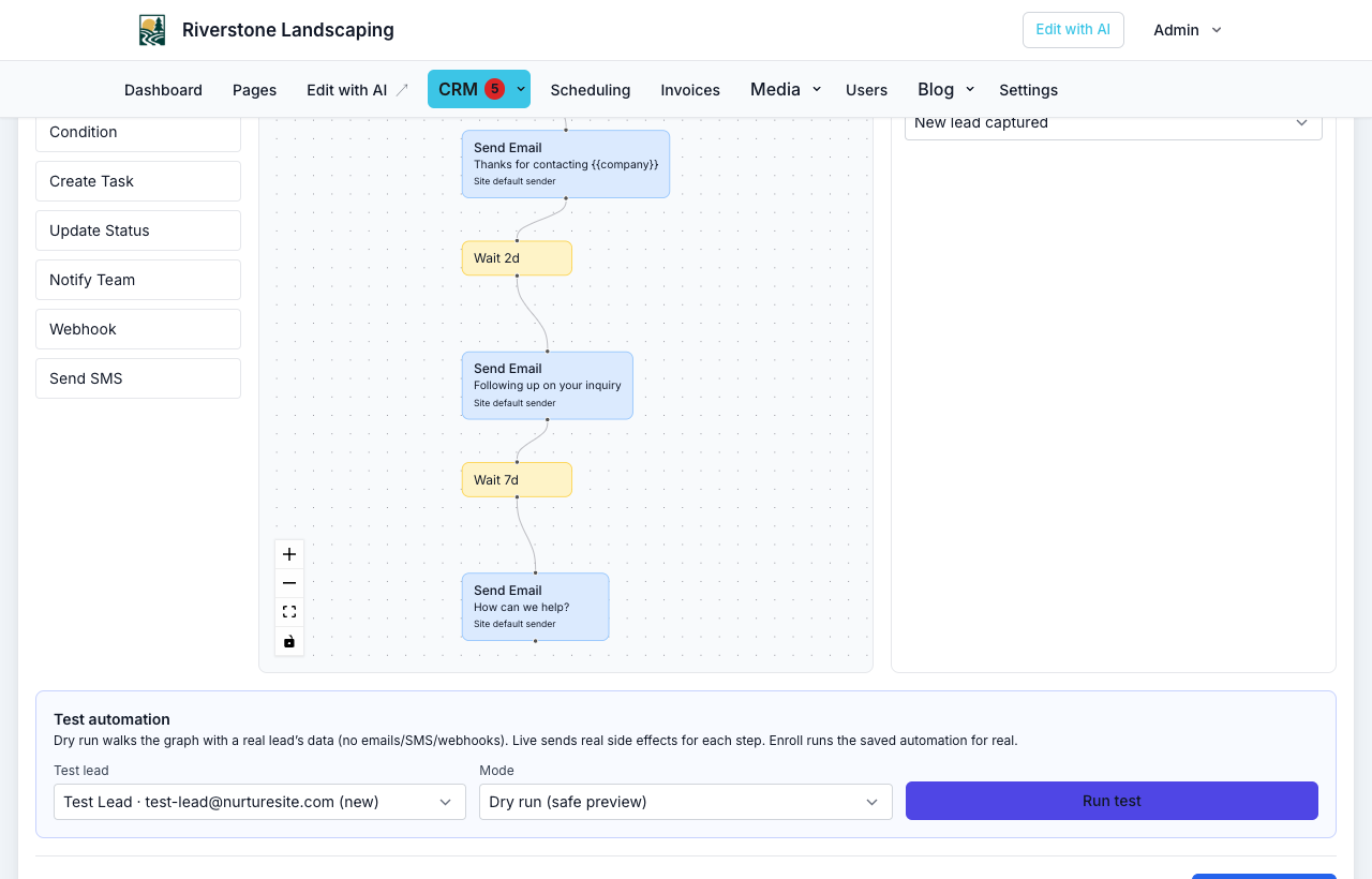 Test automation panel with dry-run results