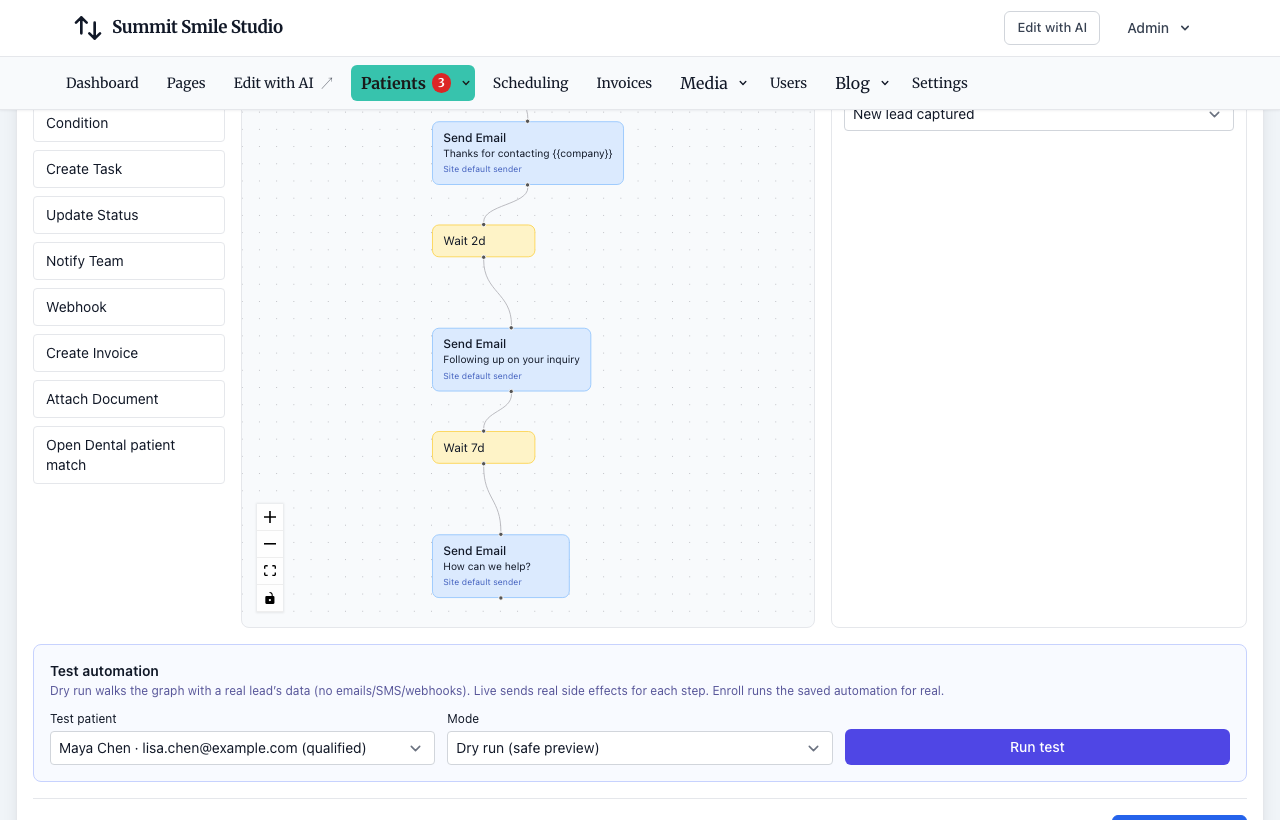 Test automation panel with dry-run results
