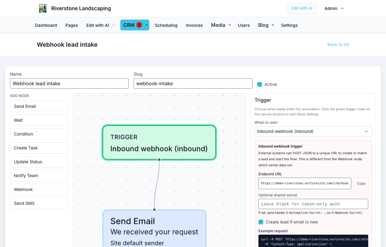Webhook trigger URL and example request