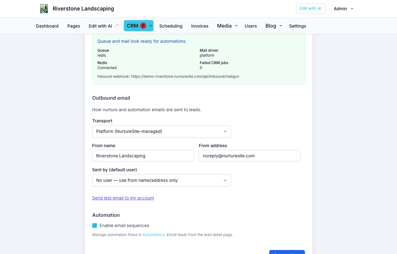 CRM settings outbound email and automation health