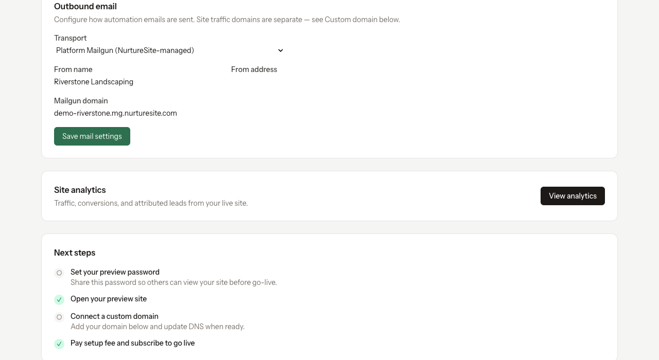 Outbound email on the NurtureSite site page
