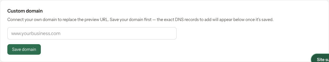 Custom domain section on the site page