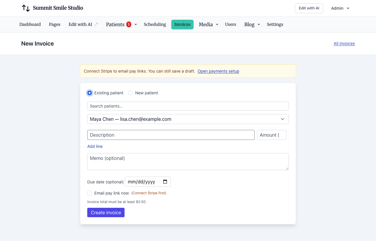 Invoice create: existing patient or new patient