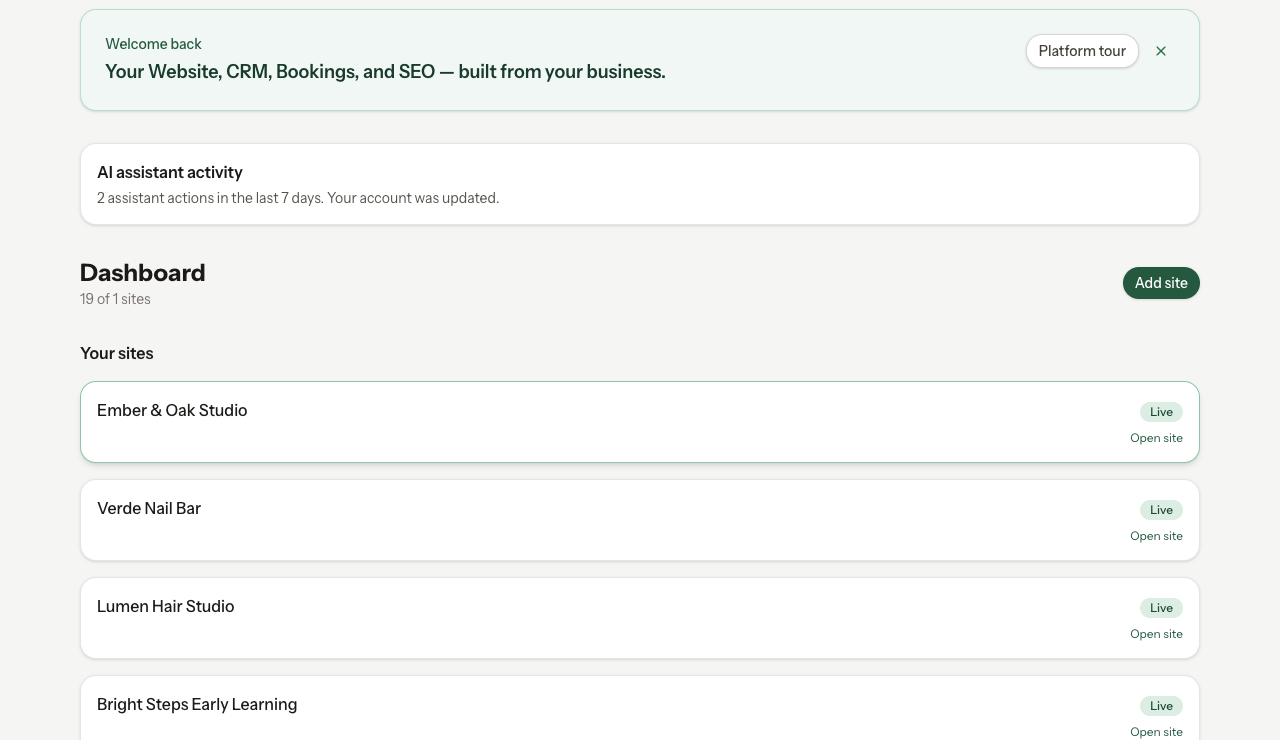 Portfolio dashboard with site cards and recent leads