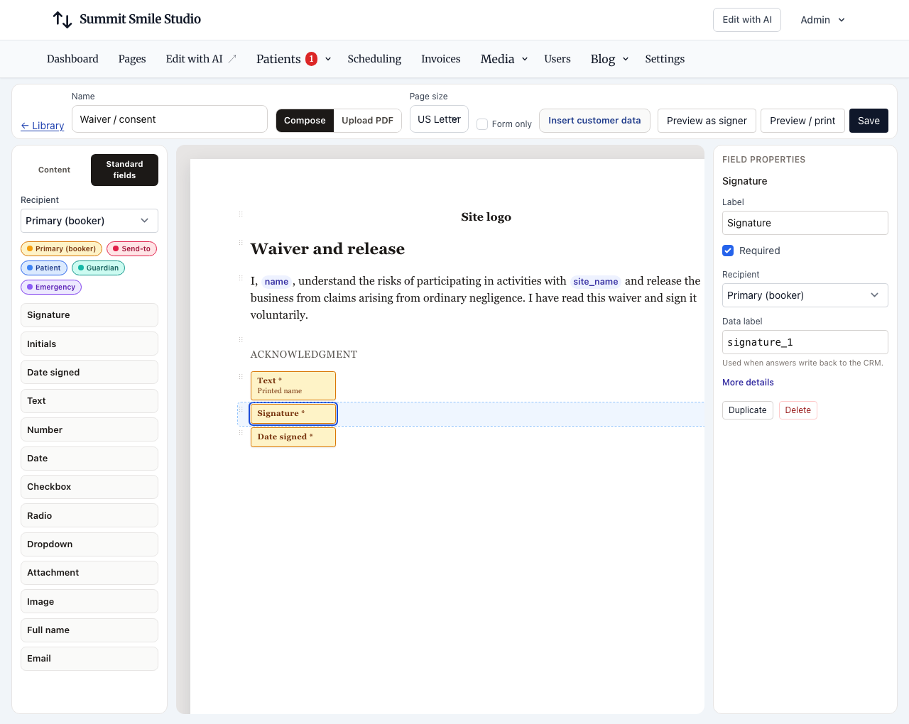 Prepare workspace with Standard fields, letter canvas, and field properties