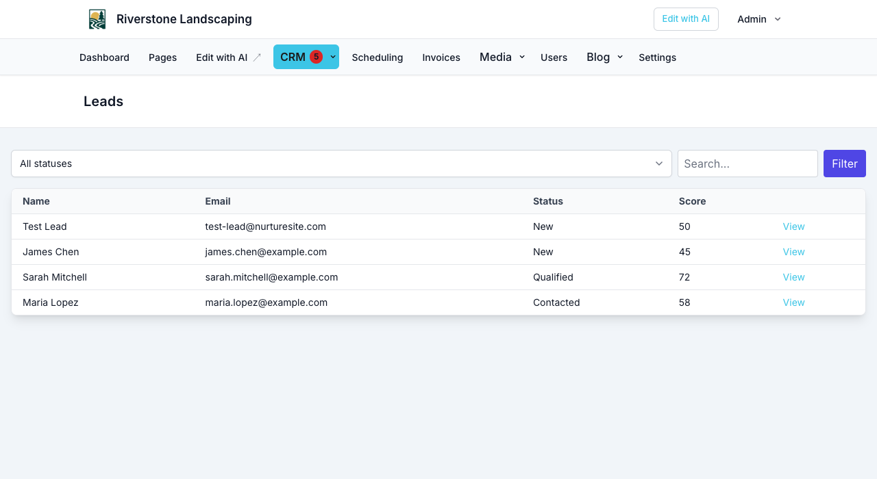 Site admin CRM leads list
