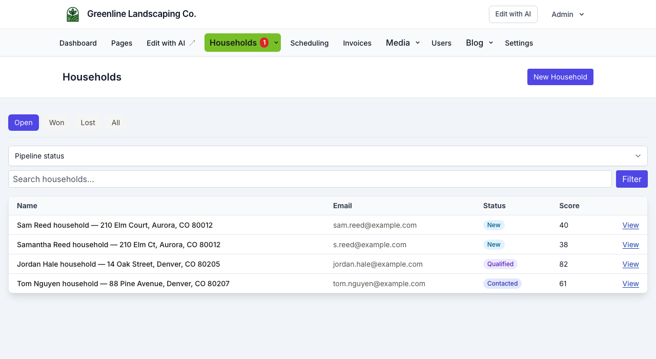 Site admin CRM list (landscaping demo: Households)