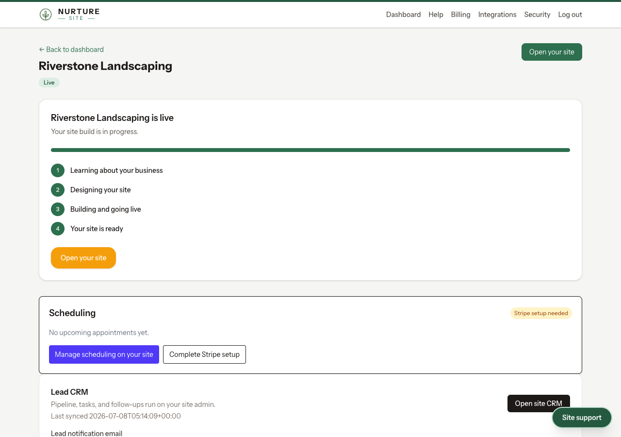 Site detail page with checklist and actions