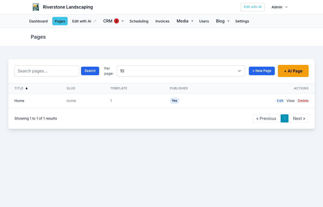 Pages list in site admin
