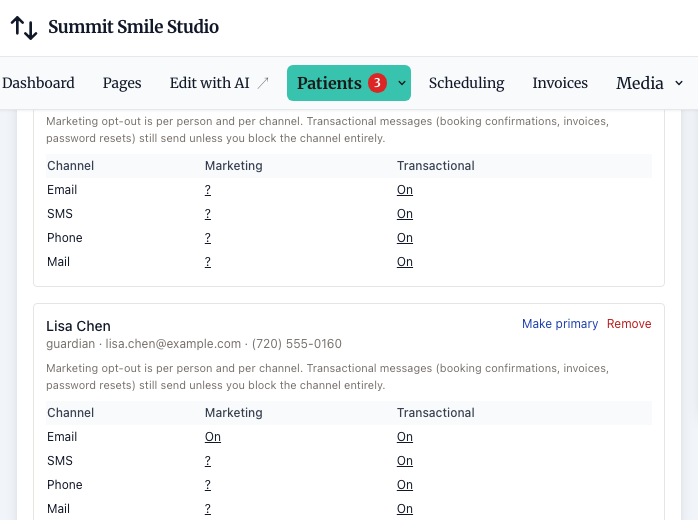 Contact preferences on the dental demo