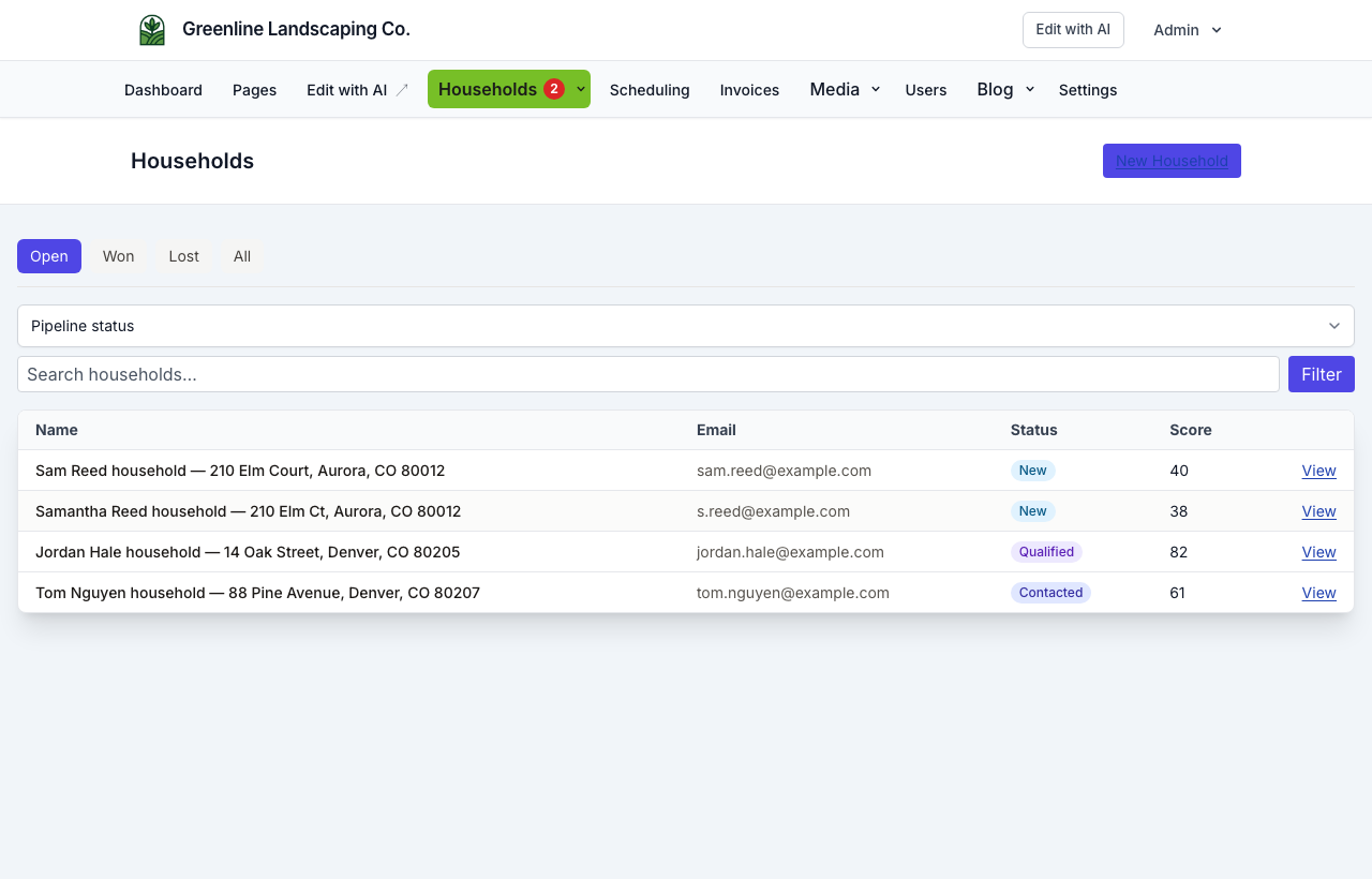 Households list on the landscaping demo