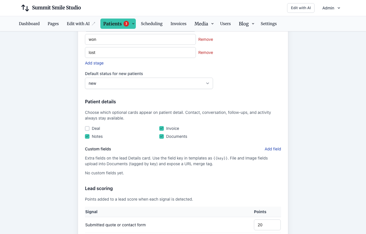 CRM Settings with Deal off on the dental demo