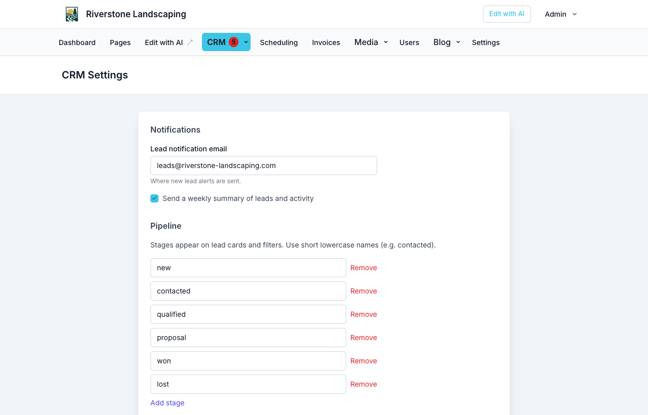 CRM settings — scoring, alerts, automations