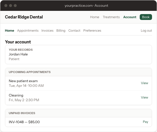Signed-in appointments and invoices on the business website