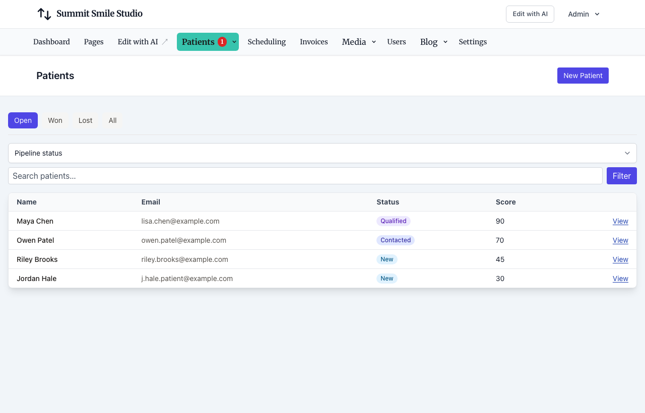 Dental demo: Patients list in website admin