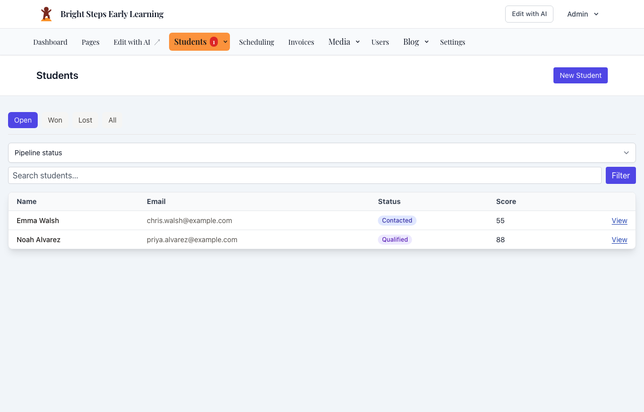 Preschool demo: Students list with parent contacts