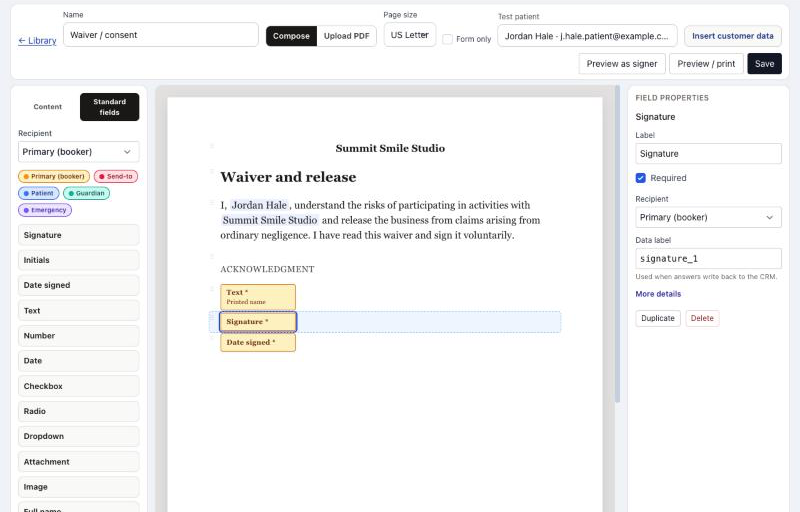 Prepare a waiver by placing a Signature field on the letter