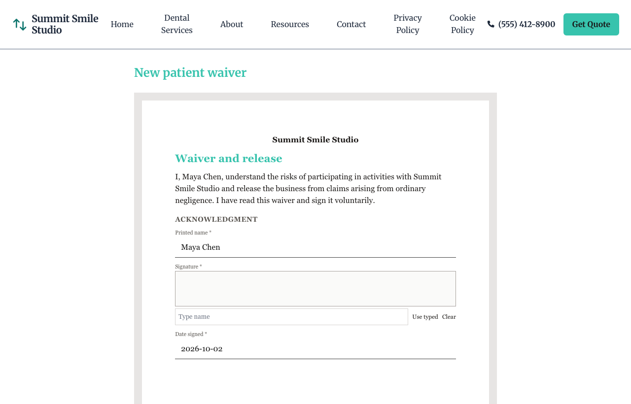 Customer signing a waiver on the business website